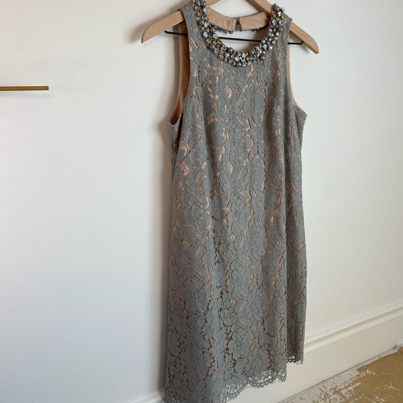 ELIZA J Grey Lace Dress With Jeweled Neckline | Size 6 | Wedding/Cocktail - Picture 3 of 15